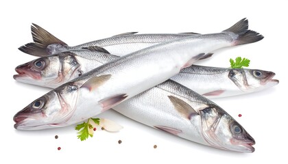 Fototapeta premium Four fresh, whole fish are arranged together with garnish
