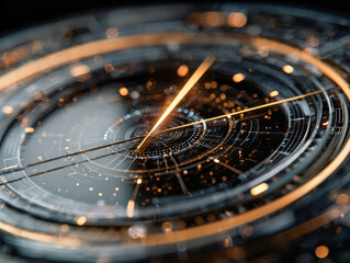 Futuristic digital interface with glowing golden circular elements and dynamic radial lines creating a high-tech science and technology concept design