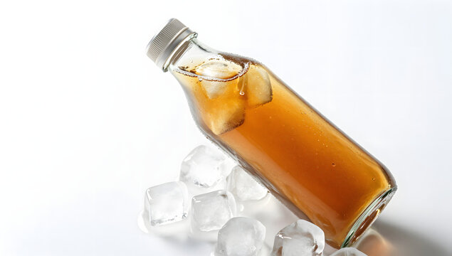 Iced Tea Refreshment: A close-up shot of a chilled glass bottle, filled with refreshing iced tea, resting amidst a scattering of ice cubes, offering a visual invitation to a cool.