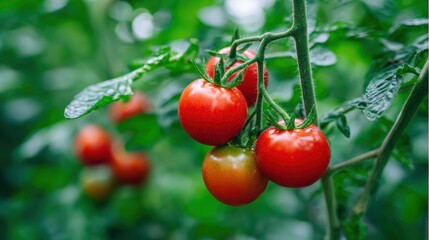 Fresh red tomatoes growing on a vine amidst lush green foliage, showcasing vibrant colors and natural beauty in a garden setting, highlighting organic produce and healthy living
