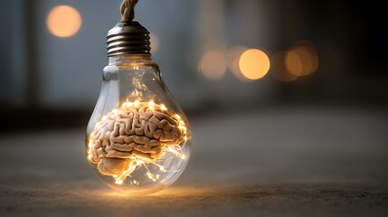 Conceptual image of a lightbulb with a brain inside, symbolizing ideas and intelligence