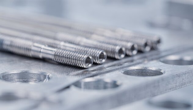 Detailed medium shot of delicate threading on tiny medical implants highlighting meticulous micro machining processes ensuring perfect pitch and fit for biocompatible devices.