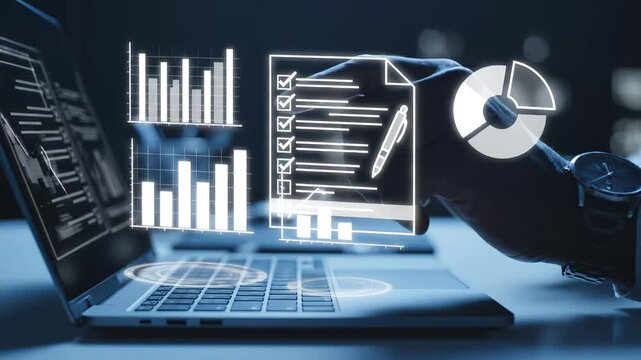 Hand using laptop with data charts