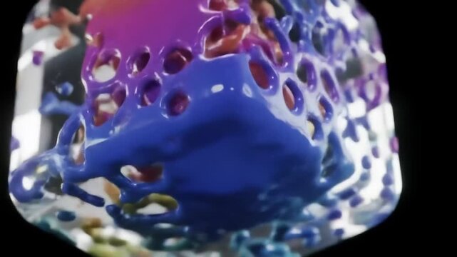 Colorful liquid splashes and forms a spherical shape against a dark background, abstract art.