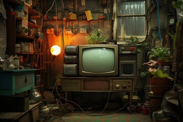 Cluttered room with an old crt television, vintage electronics, and warm artistic light