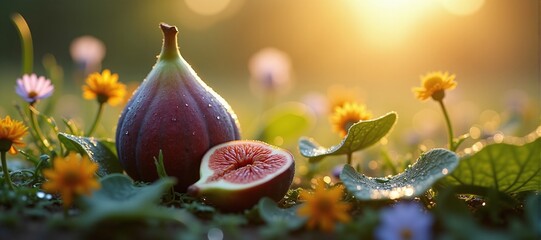 fresh ripe figs on leaves with flowers in sunset glow