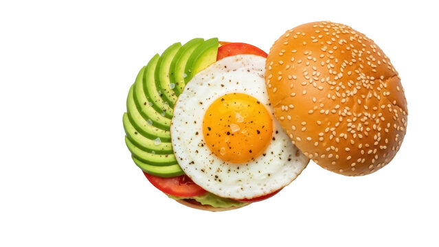 Delicious burger with avocado, tomato, and fried egg isolated PNG, gourmet sandwich on transparent background for food design projects