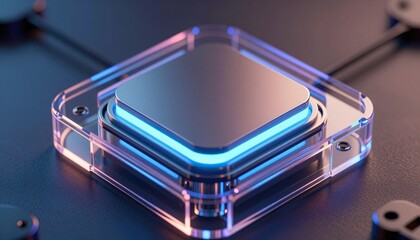 Futuristic Glowing Blue CPU Microchip on a Dark Circuit Board.