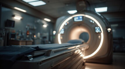 Medium shot featuring the brightly lit MRI gantry with a focus on the illuminated patient table designed for pediatric comfort background softly blurred.