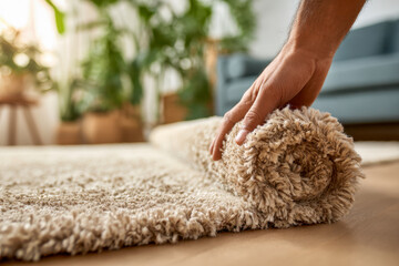 Hand rolling up a soft textured beige shaggy rug on wooden floor in a cozy living room with green plants and modern furniture background