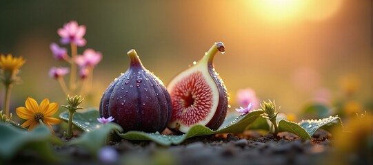 fresh ripe figs on leaves with flowers in sunset glow