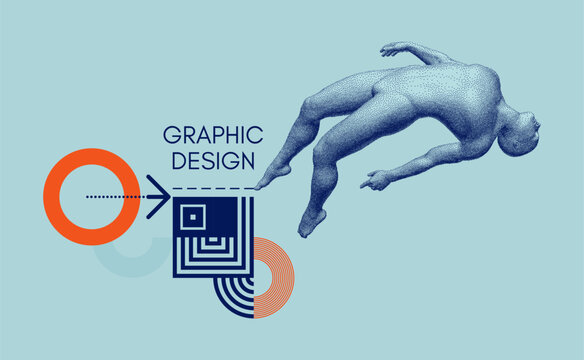 Art composition. 3D model of human body floating in virtual space. Hovering in the air. Astral travelling outside the body. Spiritual concept of reincarnation. Man meets eternal. Vector for design.