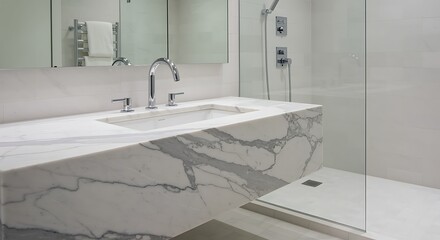 Elegant bathroom interior showcasing a white marble vanity and glass shower enclosure