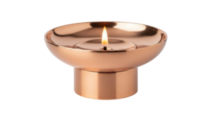 Elegant copper candle holder with burning flame isolated PNG, decorative lighting element for home decor and special occasions