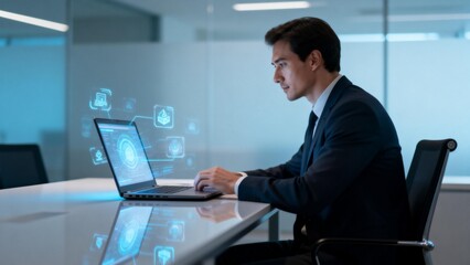 Businessman working on laptop with digital icons