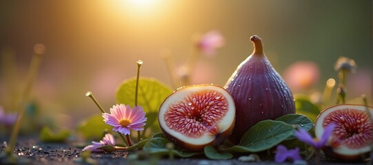 fresh ripe figs on leaves with flowers in sunset glow