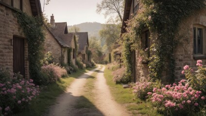 Obraz premium Charming English Village Pathway Lined with Blooming Flowers and Rustic Cottages.