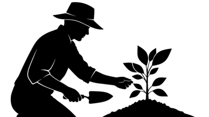 A person in silhouette is shown against a vibrant and serene natural landscape at sunset