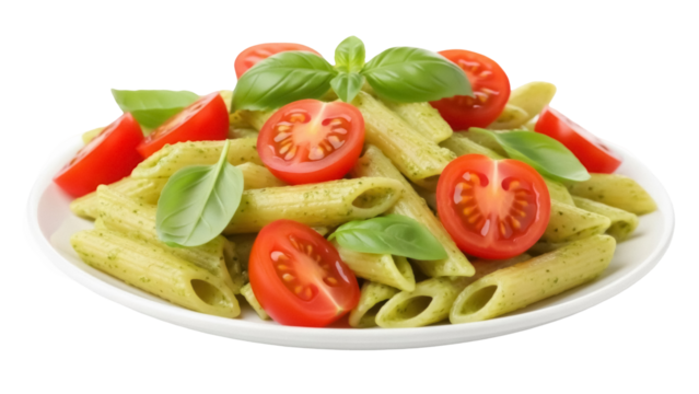 Penne pasta with pesto and cherry tomatoes isolated PNG, Italian cuisine dish on transparent background for restaurant menu and food blog - Powered by Adobe
