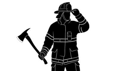 A firefighter standing heroically in silhouette against a with a hose