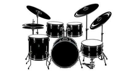 A detailed line drawing of a drum set against a solid silhouette