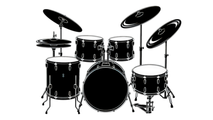 A detailed line drawing of a drum set against a solid silhouette