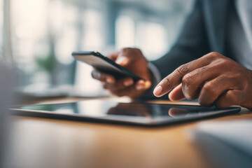 Hands of a person interacting with a smartphone and tablet simultaneously on a wooden desk in a modern indoor workspace setting