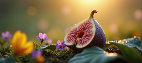 fresh ripe figs on leaves with flowers in sunset glow