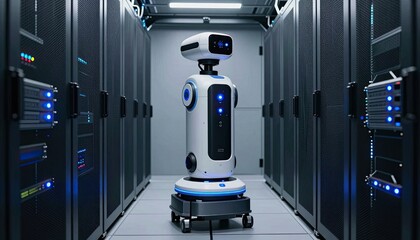 Advanced Autonomous Robot Patrols a Modern High Tech Data Center Server Room.