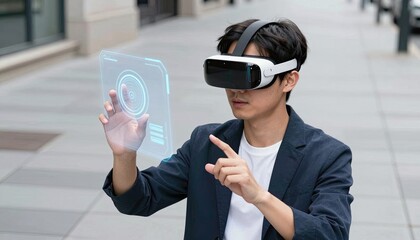 Young Asian man experiencing virtual reality with VR headset and interacting with a holographic interface outdoors.
