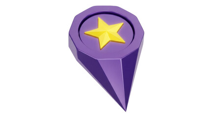 Purple location pin with yellow star isolated PNG, map pointer icon for navigation and travel apps on transparent background
