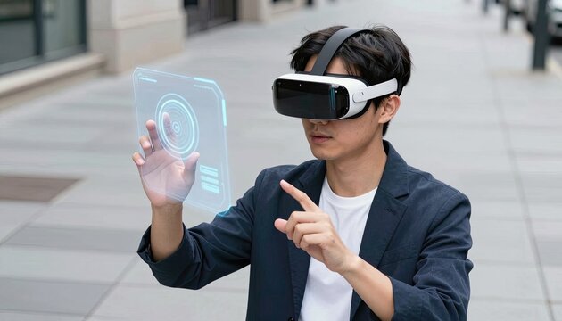 Young Asian man experiencing virtual reality with VR headset and interacting with a holographic interface outdoors. - Powered by Adobe