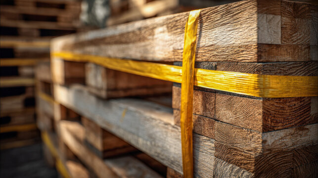 Stacked wooden beams secured with yellow plastic straps ready for transport or construction in a warehouse setting on a sunny day