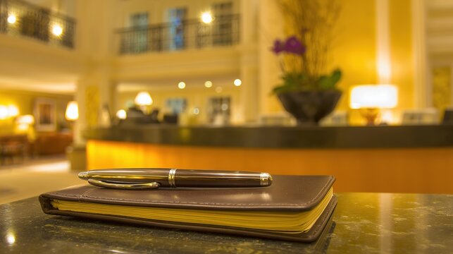 Universal business template asset, hotel guestbook with pen classic shot, warm light, copy space