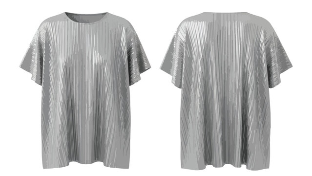 Sleek silver pleated short-sleeve top, front and back view, elegant textile design, modern fashion apparel on white background, comfortable casual