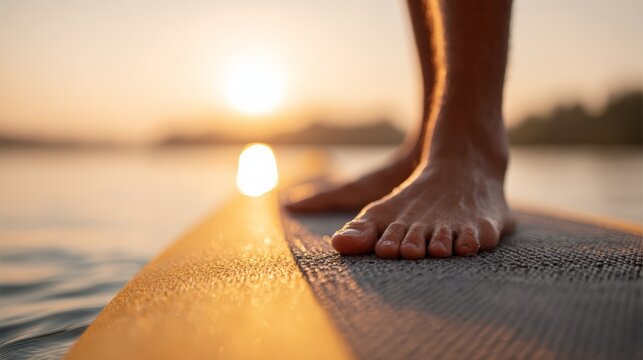Close up of feet balancing on paddleboard at sunset, enjoying watersports activities on a calm lake with golden light reflecting on the water