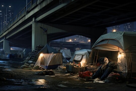 Tents illuminate a temporary shelter for people experiencing homelessness in an urban underpass