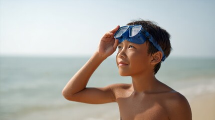 Young boy with diving mask is adjusting his goggles while gazing out at the ocean on a sunny day, anticipating a fun filled snorkeling adventure