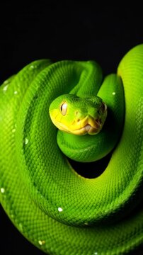 Emerald green tree python curled on black background, showcasing vibrant scales, distinctive yellow head and captivating reptilian beauty