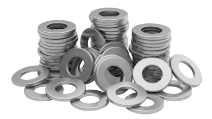 Metal washers isolated PNG, industrial hardware components for construction and mechanical engineering projects on transparent background