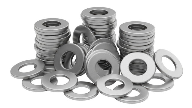 Metal washers isolated PNG, industrial hardware components for construction and mechanical engineering projects on transparent background