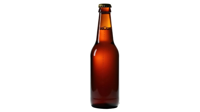 Amber beer bottle isolated PNG on transparent background, alcoholic beverage in brown glass container for brewery and pub use