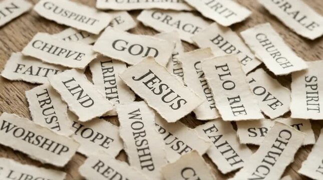 Scattered Torn Paper Pieces with Religious and Spiritual Keywords like Jesus, God, Faith, and Worship, Symbolizing Christian Beliefs and Concepts