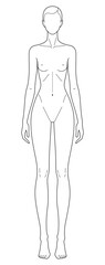 Basic 9-Head Female Fashion Figure Template. Pear or Triangle Body Shape Faceless Croquis for Fashion Illustration and Technical Drawing. Front View. Neutral Standing Pose.
