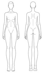 Basic 9-Head Female Fashion Figure Template. Pear or Triangle Body Shape Faceless Croquis for Fashion Illustration and Technical Drawing. Front and Back View. Neutral Standing Pose.
