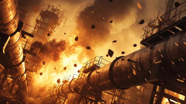 Cinematic oil war power and resources conflict illustration, massive energy infrastructure and oil pipelines clashing like opposing forces, glowing crude oil symbolizing control over resources