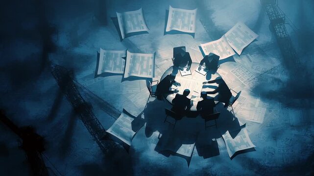 Conceptual illustration of geopolitical oil conflict shown through shadowy figures around a large table made of steel and oil, documents and charts glowing faintly, atmosphere of tension and uncertain