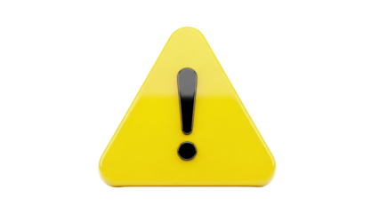 Yellow warning sign PNG isolated on transparent background, attention symbol for safety and caution messages, glossy 3D render
