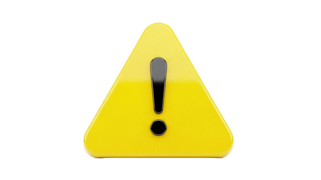 Yellow warning sign PNG isolated on transparent background, attention symbol for safety and caution messages, glossy 3D render