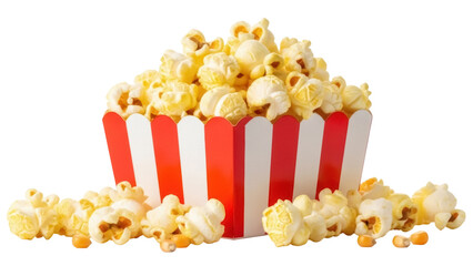 Delicious popcorn in a red and white striped container isolated PNG, classic movie snack for cinema and entertainment on transparent background